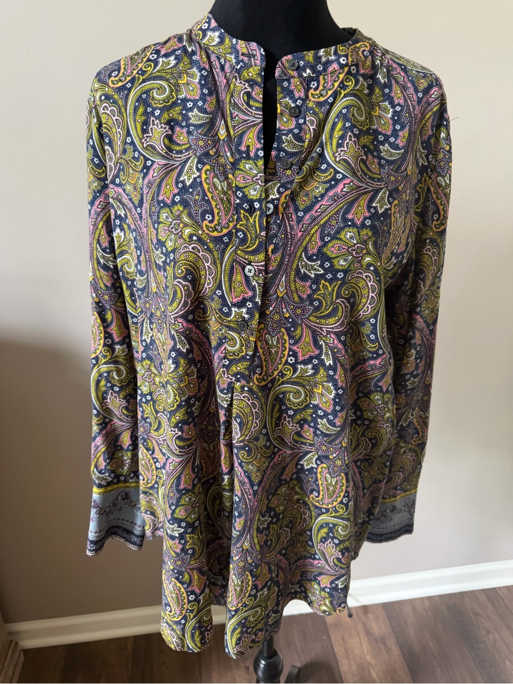 LOFT Paisley Print Long-Sleeve Shirt Blouse- Navy & Multicolor Medium